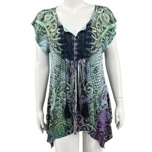 World Unity Top Womens Small Blue Green Boho Tunic Hanky‎ Hem Lace Crochet Y2K